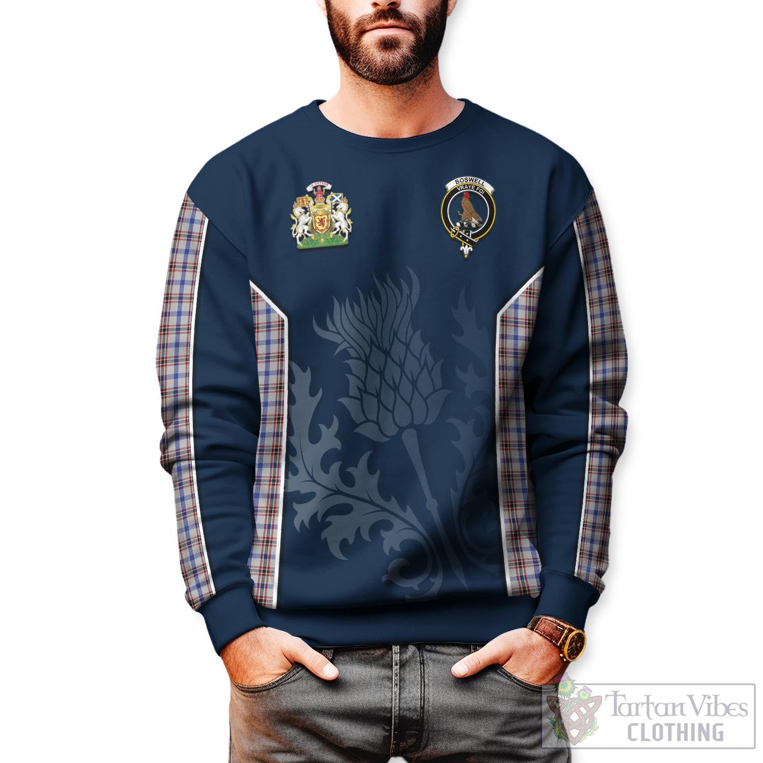 Tartan Vibes Clothing Boswell Tartan Sweatshirt with Family Crest and Scottish Thistle Vibes Sport Style