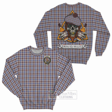 Boswell Tartan Sweatshirt with Family Crest and Bearded Skull Holding Bottles of Whiskey