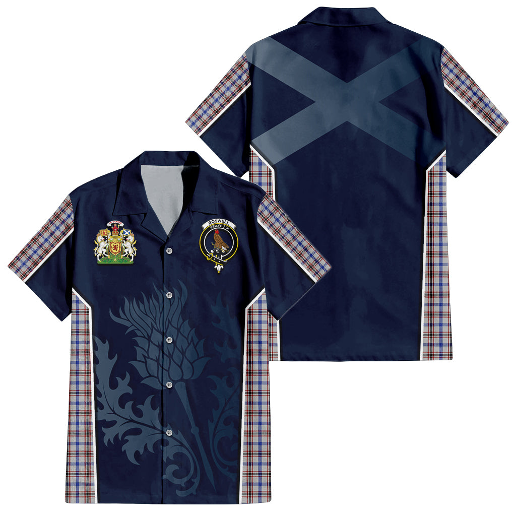 Tartan Vibes Clothing Boswell Tartan Short Sleeve Button Up Shirt with Family Crest and Scottish Thistle Vibes Sport Style