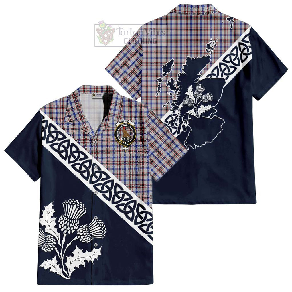 Tartan Vibes Clothing Boswell Tartan Short Sleeve Button Shirt Featuring Thistle and Scotland Map