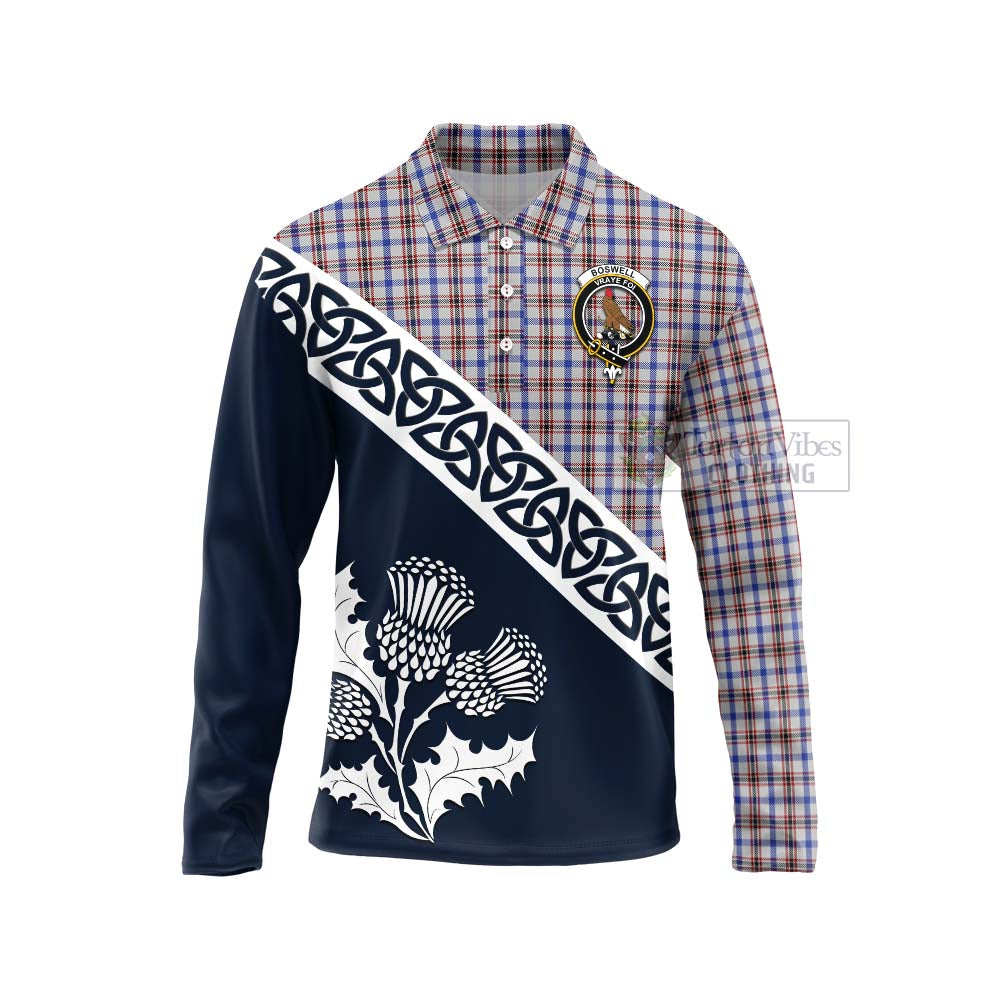 Tartan Vibes Clothing Boswell Tartan Long Sleeve Polo Shirt Featuring Thistle and Scotland Map