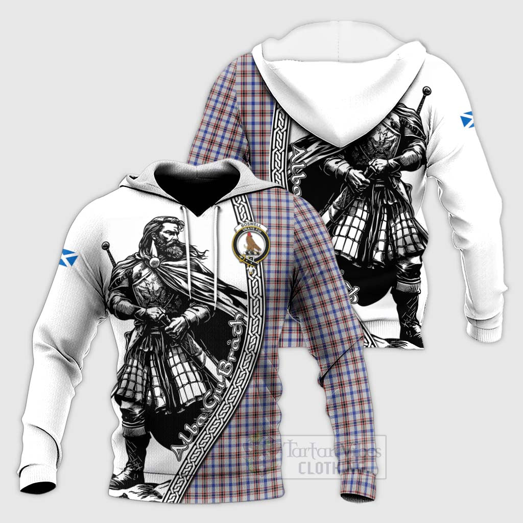 Tartan Vibes Clothing Boswell Tartan Clan Crest Knitted Hoodie with Highlander Warrior Celtic Style