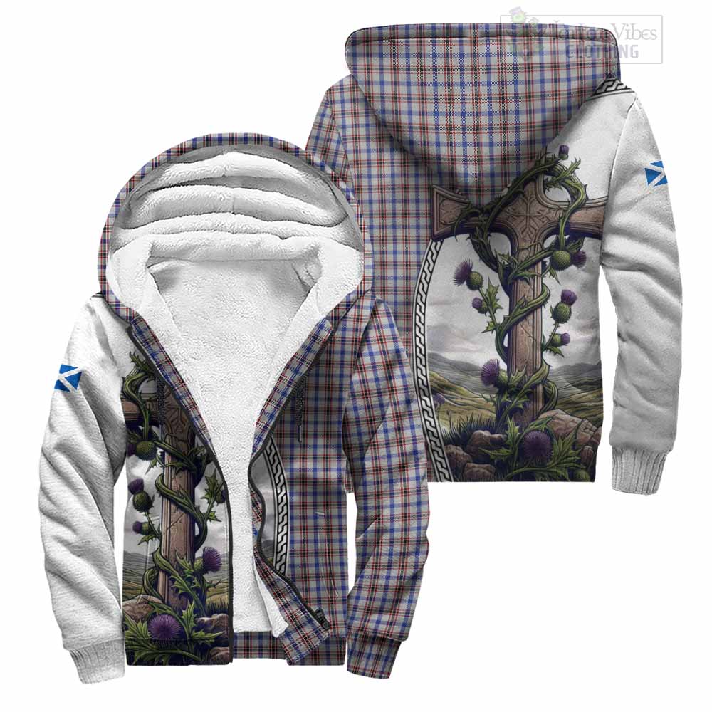 Tartan Vibes Clothing Boswell Tartan Sherpa Hoodie with Family Crest and St. Andrew's Cross Accented by Thistle Vines