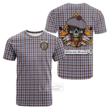 Boswell Tartan Cotton T-shirt with Family Crest and Bearded Skull Holding Bottles of Whiskey