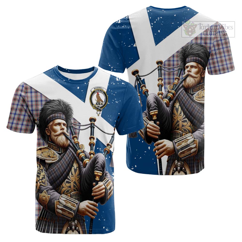 Tartan Vibes Clothing Boswell Tartan Cotton T-shirt with Family Crest Scottish Bagpiper Vibes