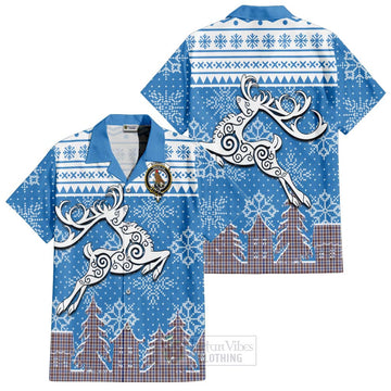 Boswell Clan Christmas Short Sleeve Button Shirt Celtic Reindeer Style