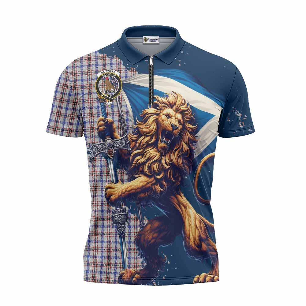 Tartan Vibes Clothing Boswell Tartan Family Crest Zipper Polo Shirt with Scottish Majestic Lion