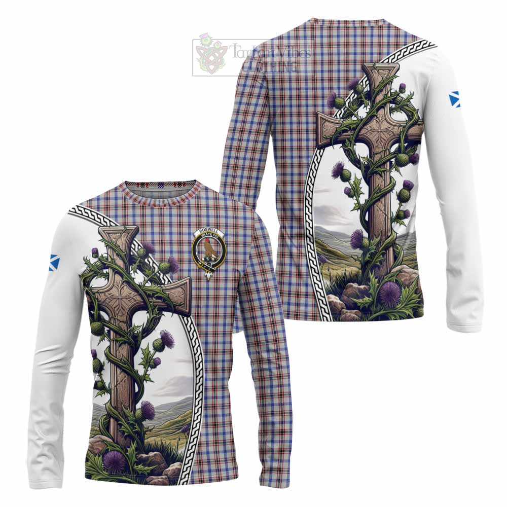 Tartan Vibes Clothing Boswell Tartan Long Sleeve T-Shirt with Family Crest and St. Andrew's Cross Accented by Thistle Vines