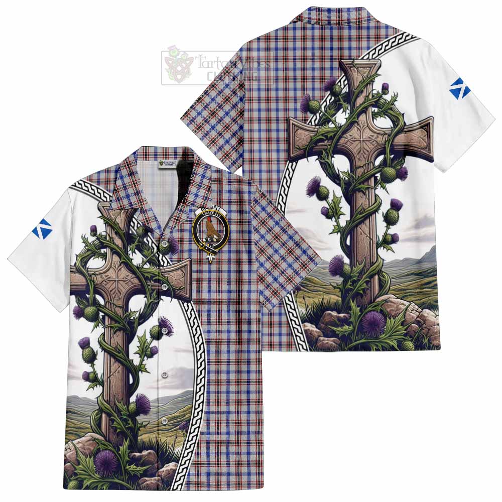 Tartan Vibes Clothing Boswell Tartan Short Sleeve Button Shirt with Family Crest and St. Andrew's Cross Accented by Thistle Vines