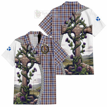 Boswell Tartan Short Sleeve Button Shirt with Family Crest and St. Andrew's Cross Accented by Thistle Vines