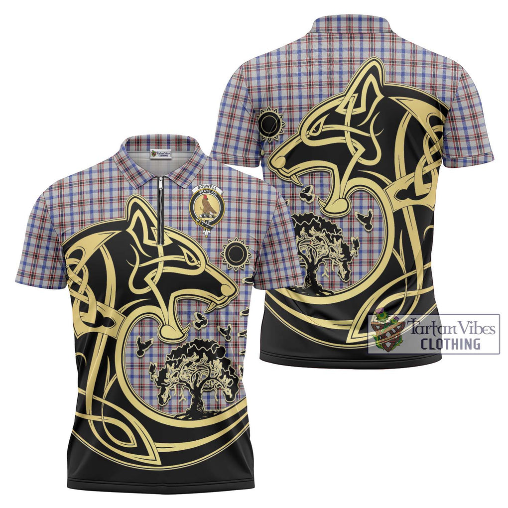 Boswell Tartan Zipper Polo Shirt with Family Crest Celtic Wolf Style Unisex - Tartanvibesclothing Shop