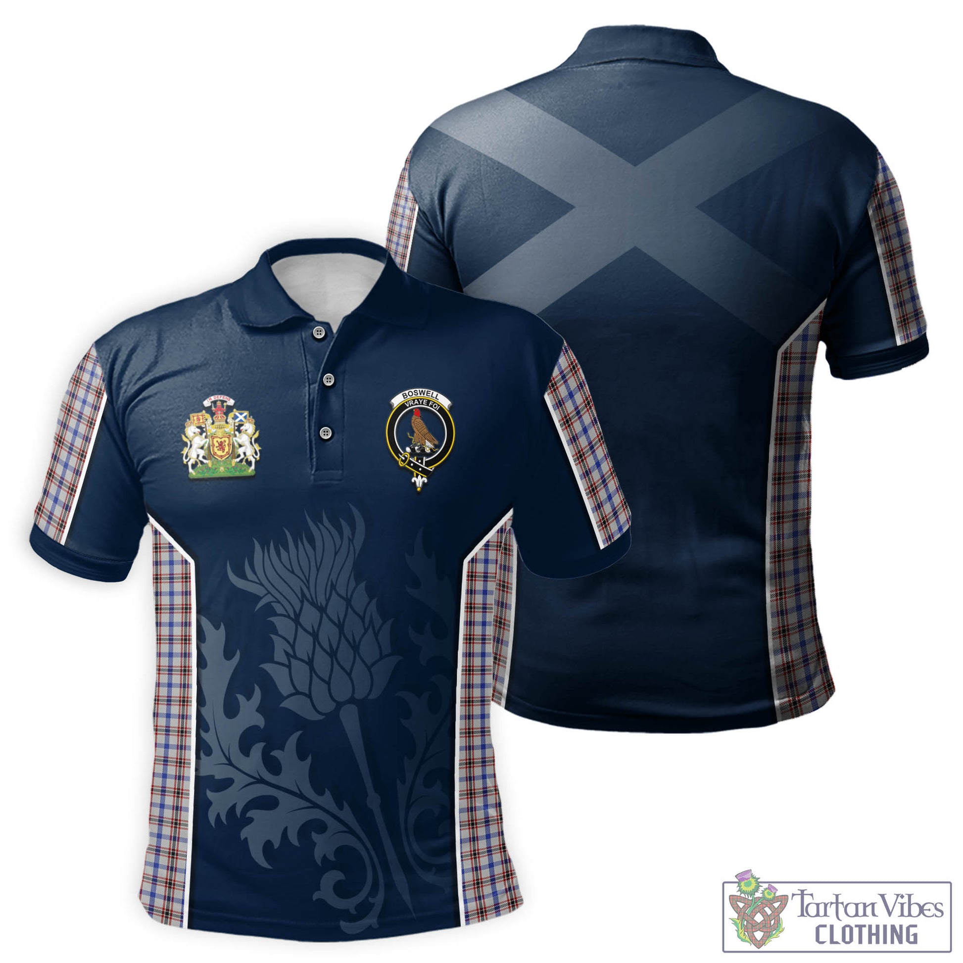 Tartan Vibes Clothing Boswell Tartan Men's Polo Shirt with Family Crest and Scottish Thistle Vibes Sport Style