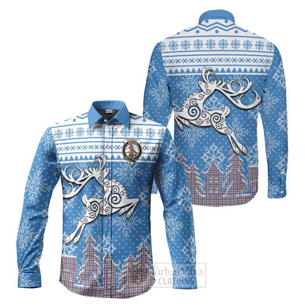 Tartan Vibes Clothing Boswell Clan Christmas Long Sleeve Button Shirt Celtic Reindeer Style