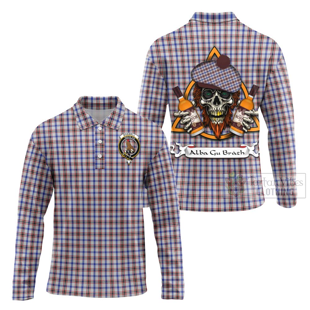 Tartan Vibes Clothing Boswell Tartan Long Sleeve Polo Shirt with Family Crest and Bearded Skull Holding Bottles of Whiskey