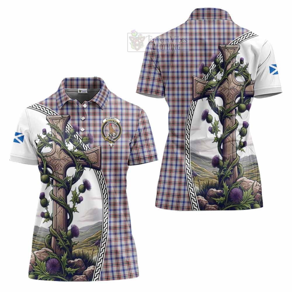 Tartan Vibes Clothing Boswell Tartan Women's Polo Shirt with Family Crest and St. Andrew's Cross Accented by Thistle Vines