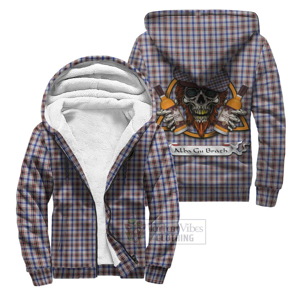 Tartan Vibes Clothing Boswell Tartan Sherpa Hoodie with Family Crest and Bearded Skull Holding Bottles of Whiskey