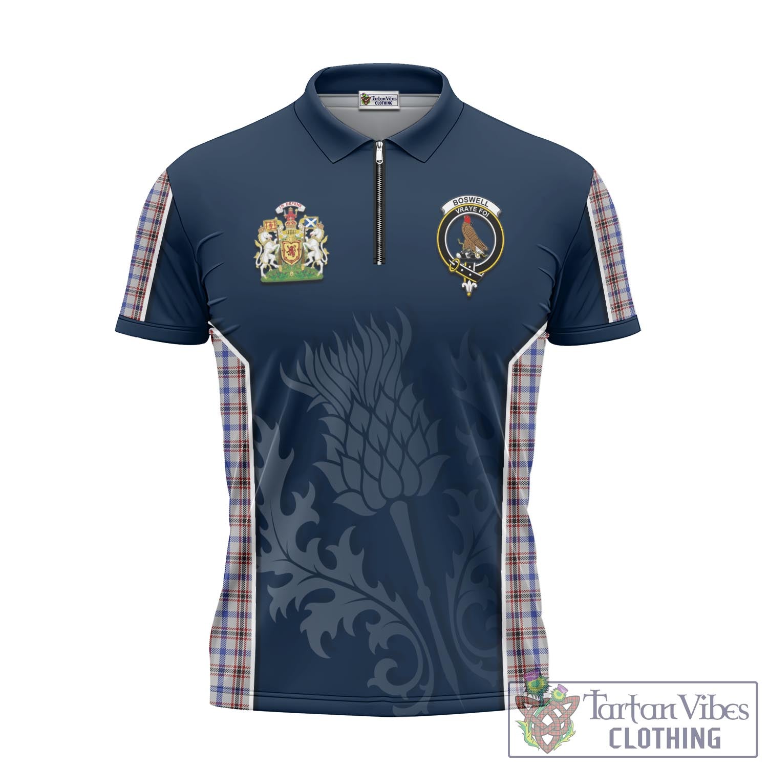 Tartan Vibes Clothing Boswell Tartan Zipper Polo Shirt with Family Crest and Scottish Thistle Vibes Sport Style