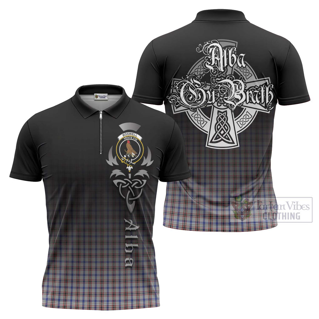 Tartan Vibes Clothing Boswell Tartan Zipper Polo Shirt Featuring Alba Gu Brath Family Crest Celtic Inspired