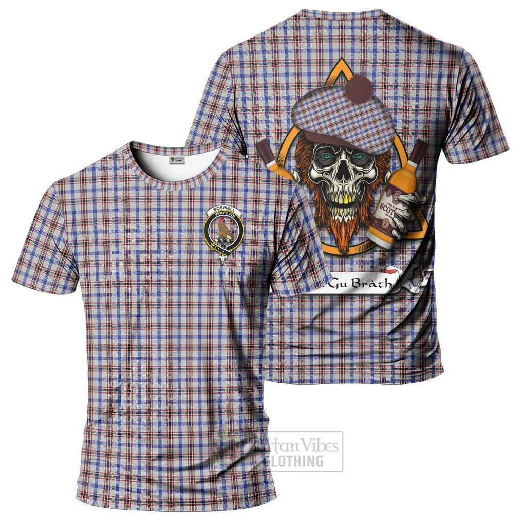 Tartan Vibes Clothing Boswell Tartan T-Shirt with Family Crest and Bearded Skull Holding Bottles of Whiskey