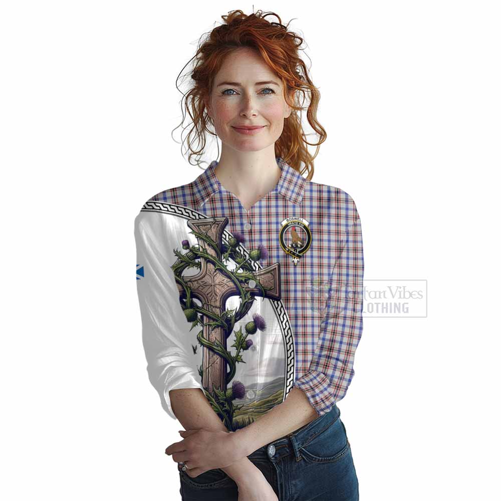 Tartan Vibes Clothing Boswell Tartan Women's Casual Shirt with Family Crest and St. Andrew's Cross Accented by Thistle Vines