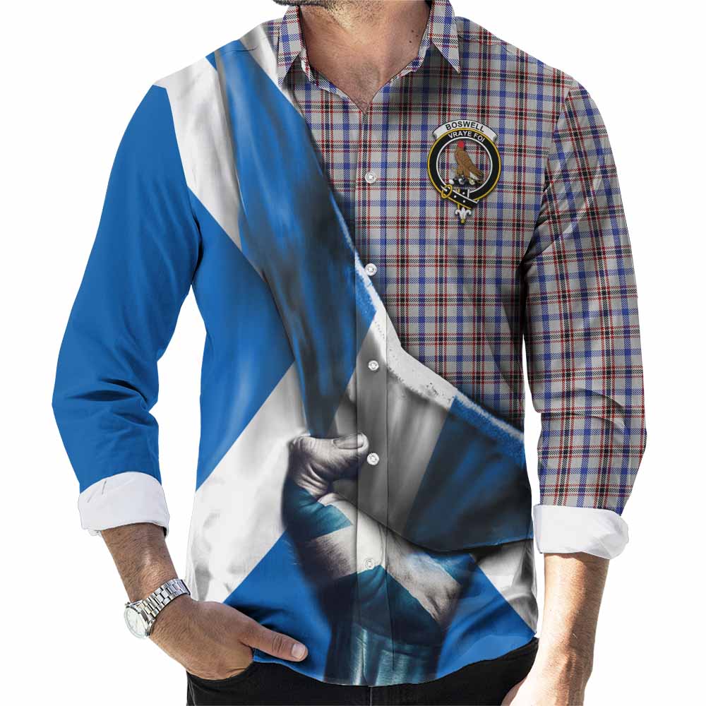 Tartan Vibes Clothing Boswell Tartan Long Sleeve Button Shirt with Family Crest Scotland Patriotic Style