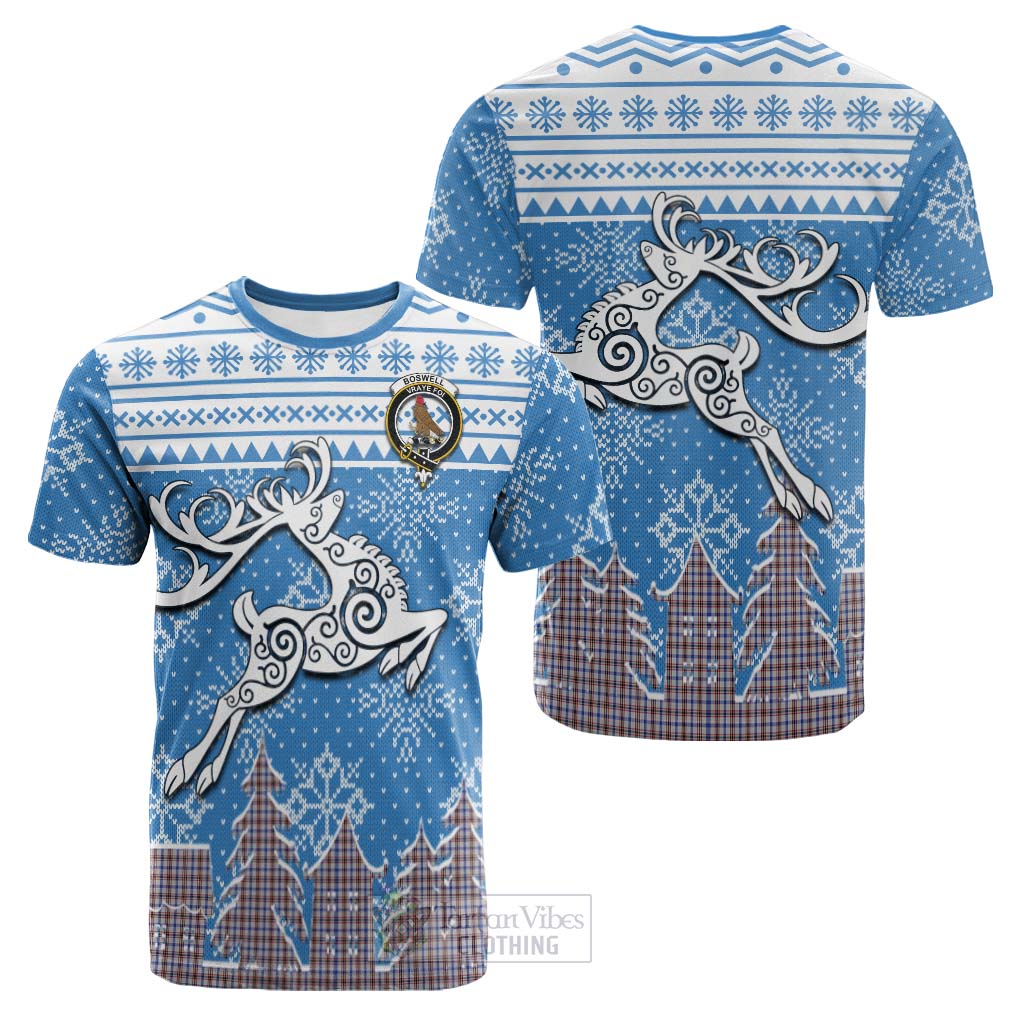 Tartan Vibes Clothing Boswell Clan Christmas Cotton T-shirt Celtic Reindeer Style