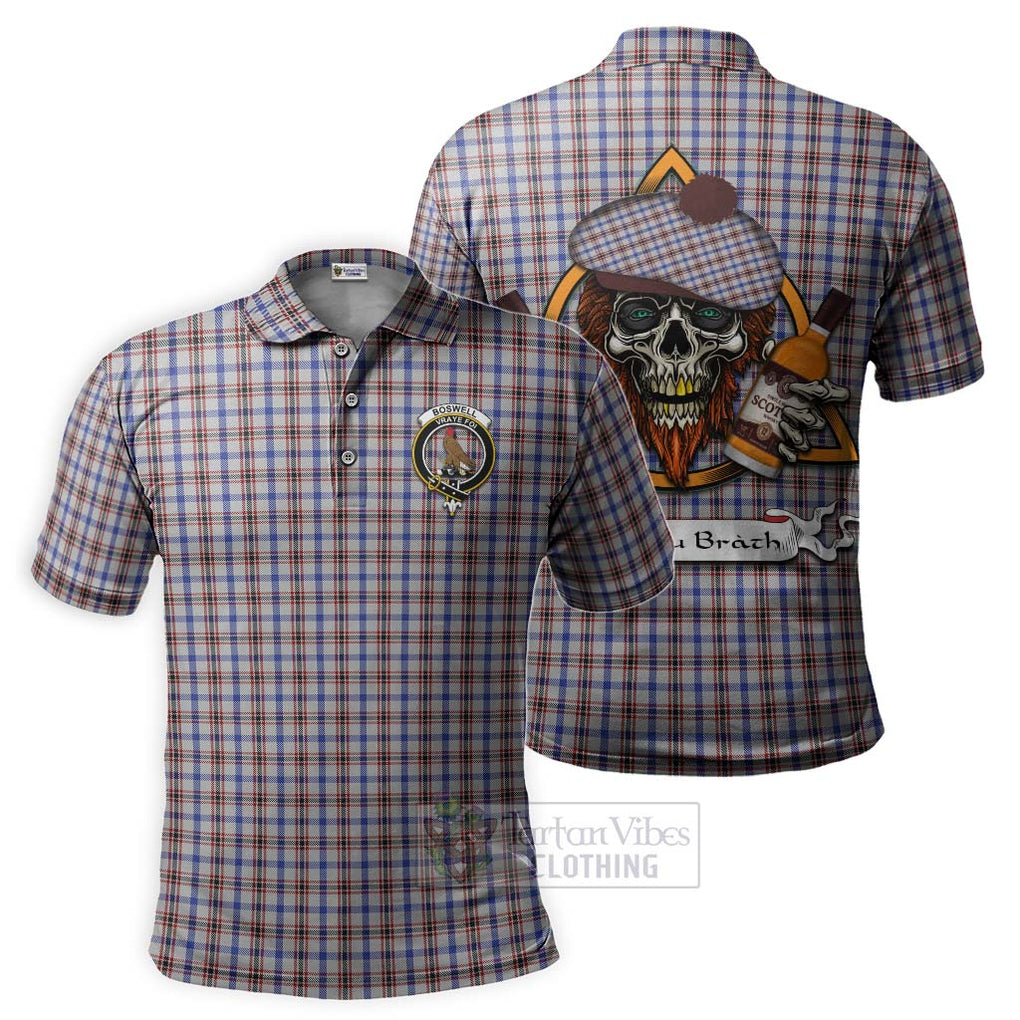 Tartan Vibes Clothing Boswell Tartan Polo Shirt with Family Crest and Bearded Skull Holding Bottles of Whiskey