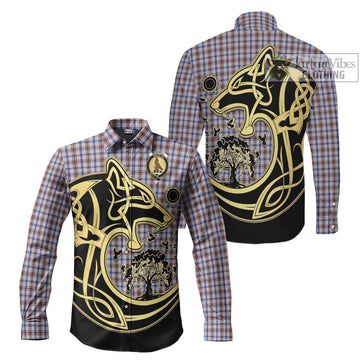 Boswell Tartan Long Sleeve Button Shirt with Family Crest Celtic Wolf Style