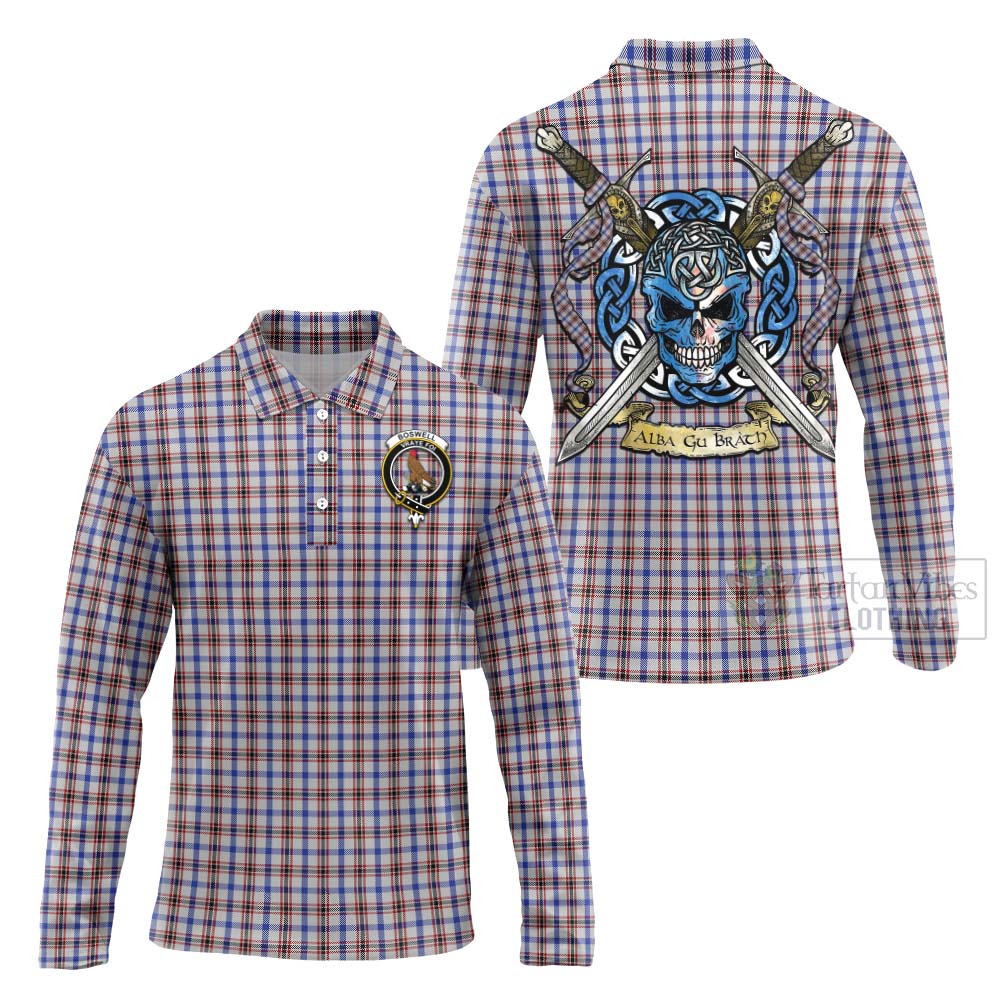 Tartan Vibes Clothing Boswell Tartan Long Sleeve Polo Shirt with Family Crest Celtic Skull Style