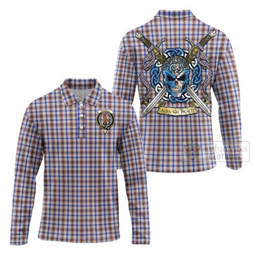 Boswell Tartan Long Sleeve Polo Shirt with Family Crest Celtic Skull Style