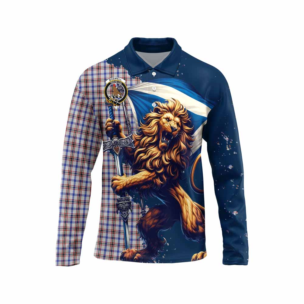 Tartan Vibes Clothing Boswell Tartan Family Crest Long Sleeve Polo Shirt with Scottish Majestic Lion