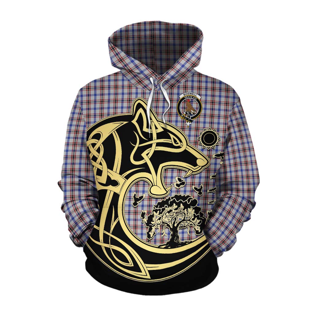 Tartan Vibes Clothing Boswell Tartan Cotton Hoodie with Family Crest Celtic Wolf Style