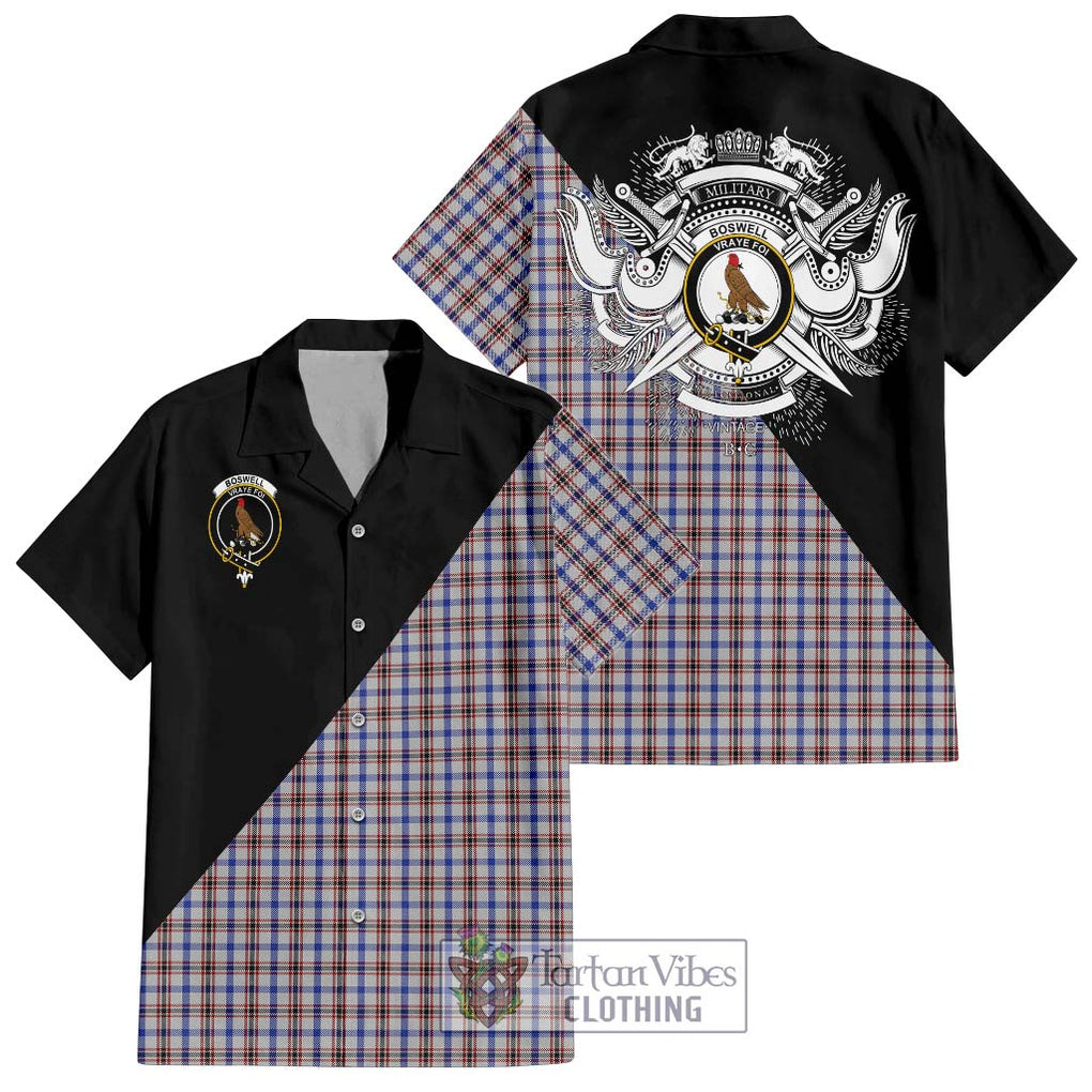 Boswell Tartan Short Sleeve Button Shirt with Family Crest and Military Logo Style Kid - Tartanvibesclothing Shop