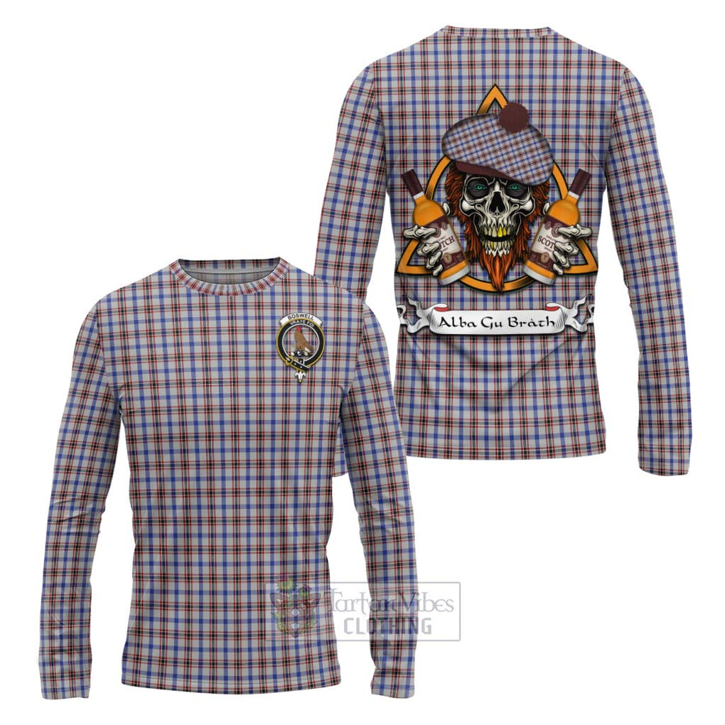 Tartan Vibes Clothing Boswell Tartan Long Sleeve T-Shirt with Family Crest and Bearded Skull Holding Bottles of Whiskey