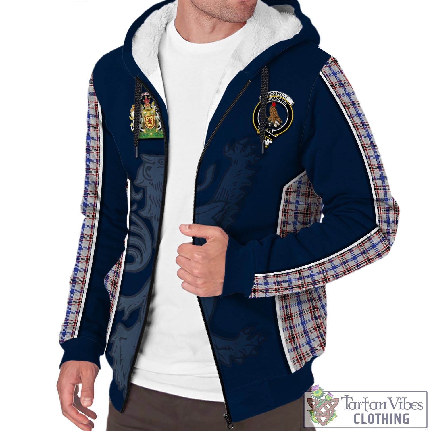 Tartan Vibes Clothing Boswell Tartan Sherpa Hoodie with Family Crest and Lion Rampant Vibes Sport Style