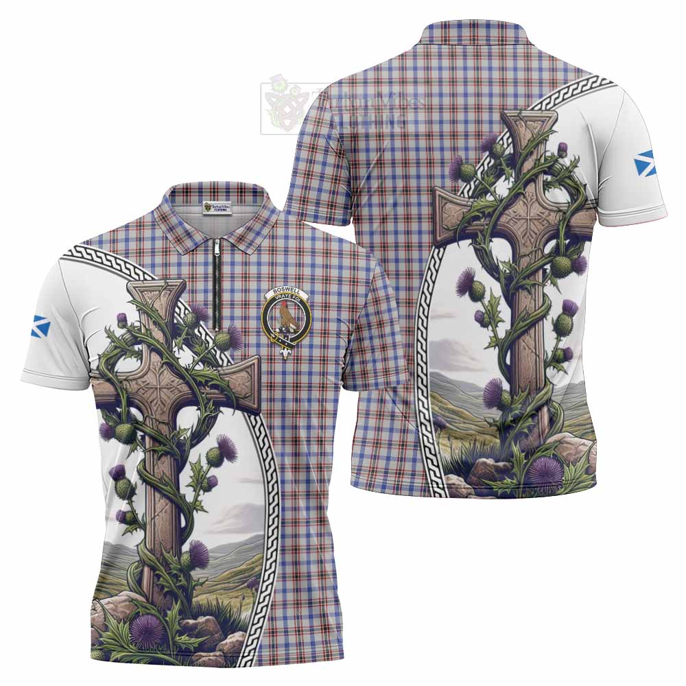 Tartan Vibes Clothing Boswell Tartan Zipper Polo Shirt with Family Crest and St. Andrew's Cross Accented by Thistle Vines