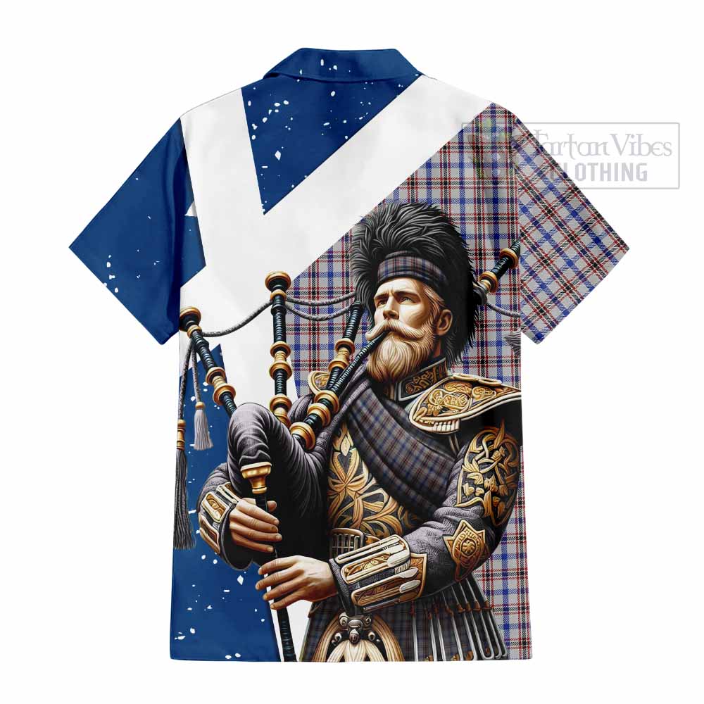 Tartan Vibes Clothing Boswell Tartan Short Sleeve Button Shirt with Family Crest Scottish Bagpiper Vibes