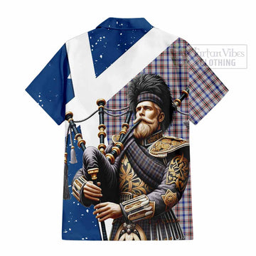 Boswell Tartan Short Sleeve Button Shirt with Family Crest Scottish Bagpiper Vibes