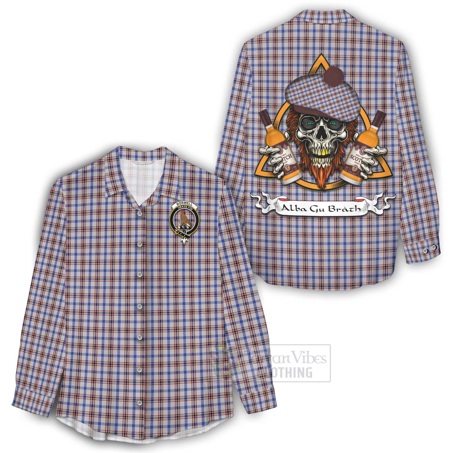 Tartan Vibes Clothing Boswell Tartan Women's Casual Shirt with Family Crest and Bearded Skull Holding Bottles of Whiskey