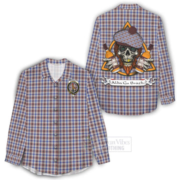 Boswell Tartan Women's Casual Shirt with Family Crest and Bearded Skull Holding Bottles of Whiskey