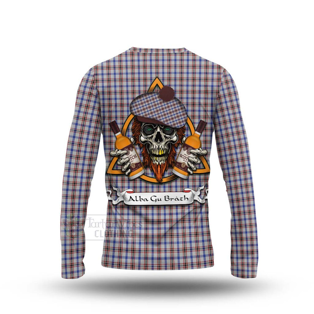 Tartan Vibes Clothing Boswell Tartan Long Sleeve T-Shirt with Family Crest and Bearded Skull Holding Bottles of Whiskey