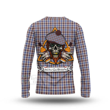 Boswell Tartan Long Sleeve T-Shirt with Family Crest and Bearded Skull Holding Bottles of Whiskey