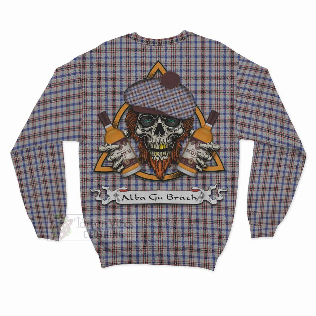 Tartan Vibes Clothing Boswell Tartan Sweatshirt with Family Crest and Bearded Skull Holding Bottles of Whiskey