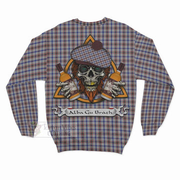 Boswell Tartan Sweatshirt with Family Crest and Bearded Skull Holding Bottles of Whiskey