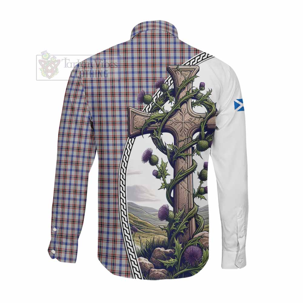 Tartan Vibes Clothing Boswell Tartan Long Sleeve Button Shirt with Family Crest and St. Andrew's Cross Accented by Thistle Vines