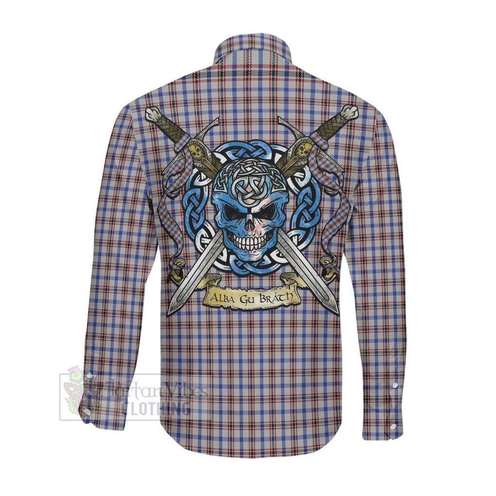 Tartan Vibes Clothing Boswell Tartan Long Sleeve Button Shirt with Family Crest Celtic Skull Style