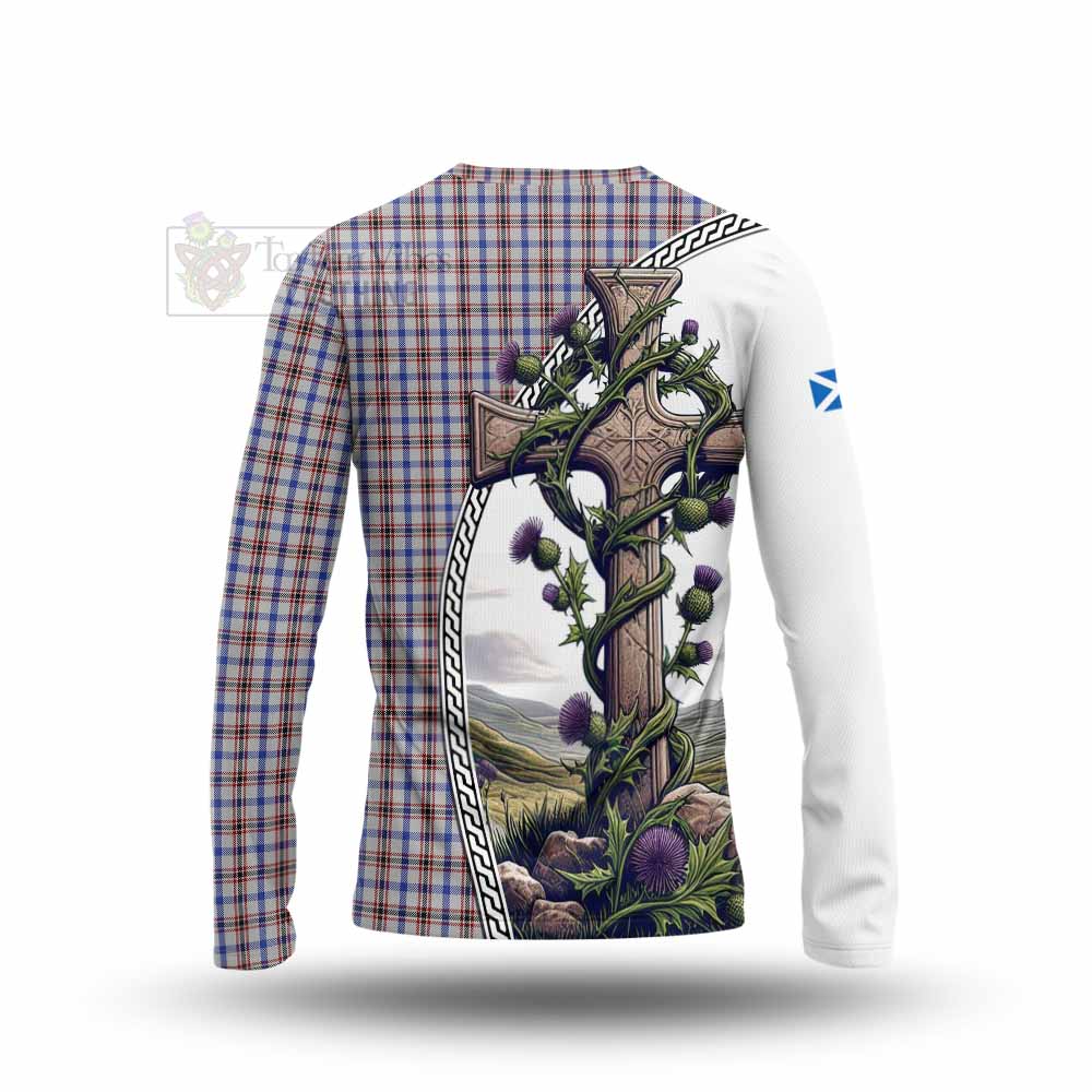 Tartan Vibes Clothing Boswell Tartan Long Sleeve T-Shirt with Family Crest and St. Andrew's Cross Accented by Thistle Vines