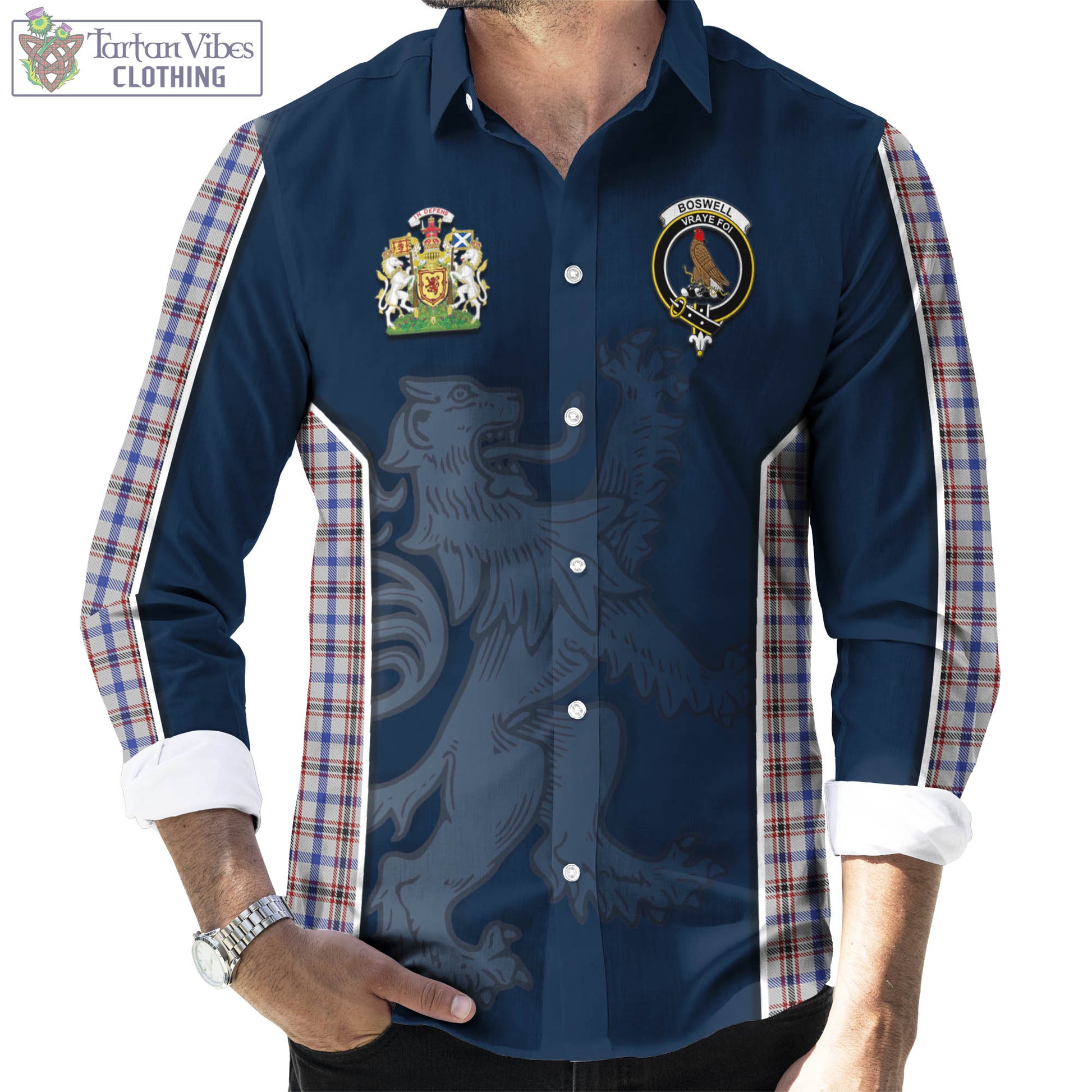 Tartan Vibes Clothing Boswell Tartan Long Sleeve Button Up Shirt with Family Crest and Lion Rampant Vibes Sport Style