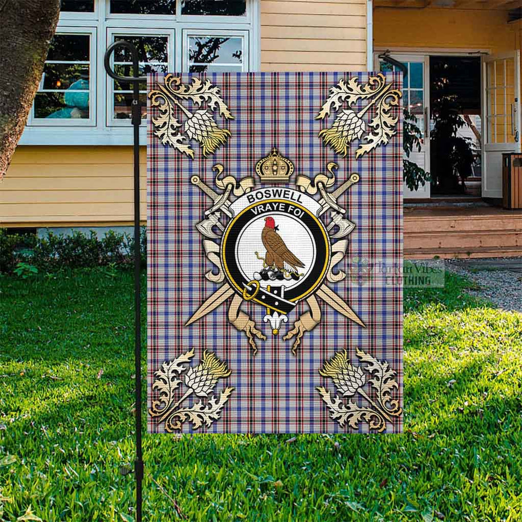 Tartan Vibes Clothing Boswell Tartan Flag with Family Crest and Golden Thistle Crossed Sword Design