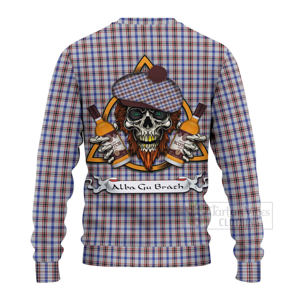 Tartan Vibes Clothing Boswell Tartan Knitted Sweater with Family Crest and Bearded Skull Holding Bottles of Whiskey